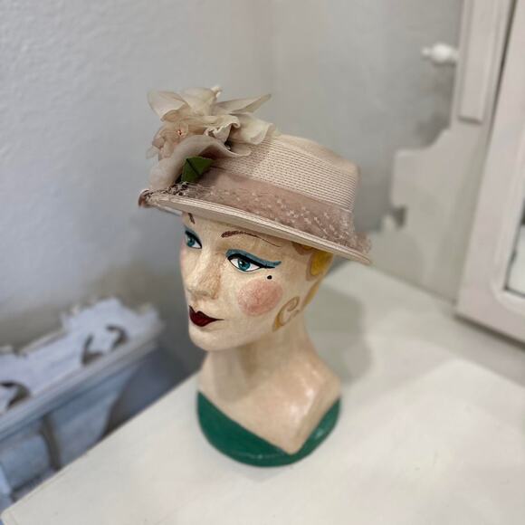 Other Accessories - Vintage Women’s Floral Hat Beige Satin Net Lace 1950s